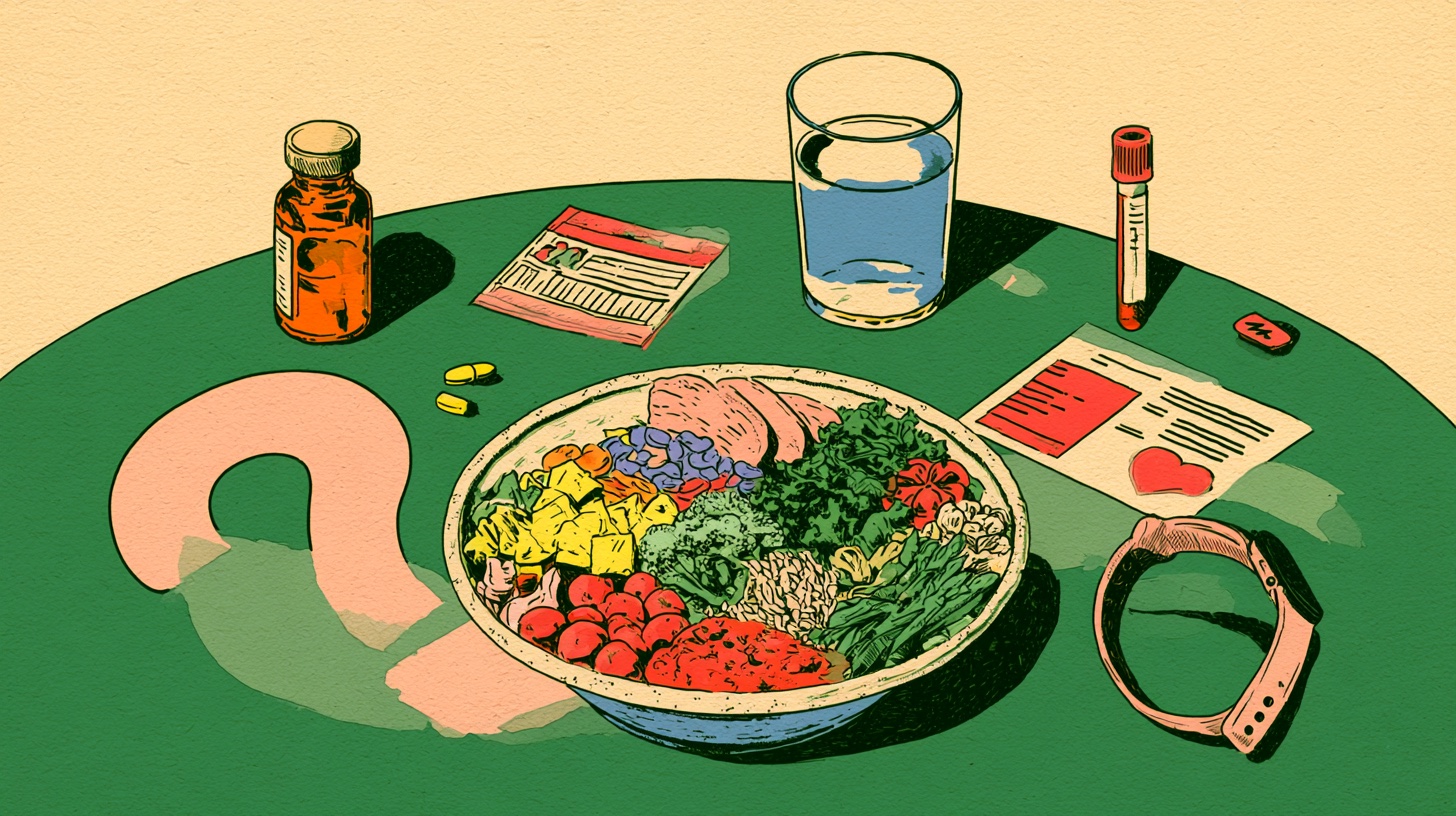 Editorial illustration of a healthy meal, supplements, lab results, and a fitness wearable